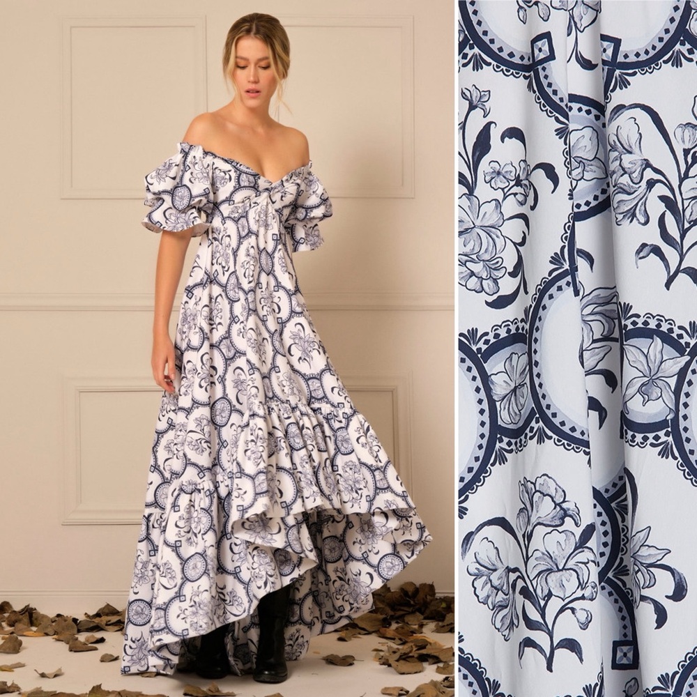 Andres Otalora Raquira Off-Shoulder Floral Tile Maxi Dress Blue White Size 4 - Picture 2 of 12